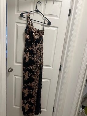 Fashion Nova Black One-Shoulder Sequin Floral Gown